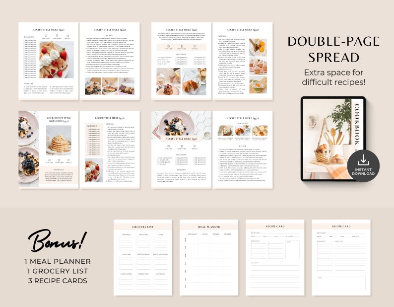 May include: A digital printable cookbook template with a double-page spread design. The template includes a meal planner, grocery list, and recipe cards. The image shows a mockup of the template with a photo of a kitchen scene and the text "COOKBOOK" and "INSTANT DOWNLOAD".