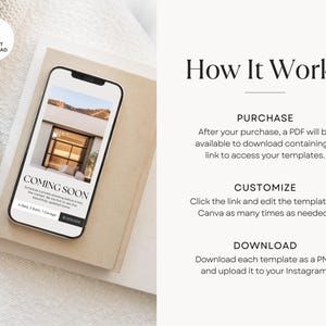 May include: A smartphone displays a "Coming Soon" real estate listing template. The phone rests on a stack of books, with text indicating the property has 4 beds, 3 baths, and a garage. The image also includes instructions on how to purchase, customize, and download the template.