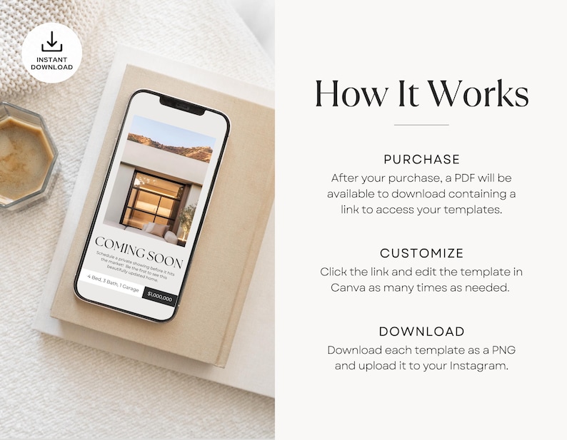 May include: A smartphone displays a "Coming Soon" real estate listing template. The phone rests on a stack of books, with text indicating the property has 4 beds, 3 baths, and a garage. The image also includes instructions on how to purchase, customize, and download the template.