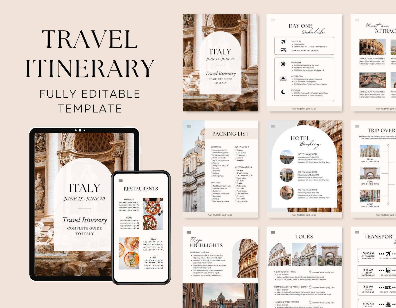 Travel Itinerary Template | Printable Travel Guide | Travel Agent ...