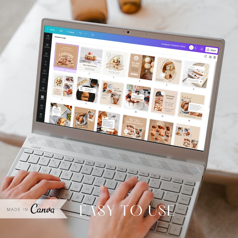 May include: A laptop computer screen displaying a Canva design template for Instagram. The template features a grid of 16 images, each showcasing a different pastry, such as croissants, cakes, and bread. The text "Croissant" is visible in the top left corner of the screen.