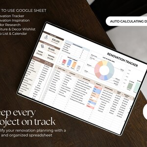 May include: A digital renovation tracker spreadsheet displayed on a screen, featuring an auto-calculating dashboard, a pie chart for cost by room area, a status summary, and a detailed table for tracking categories, descriptions, priority, and vendor costs.