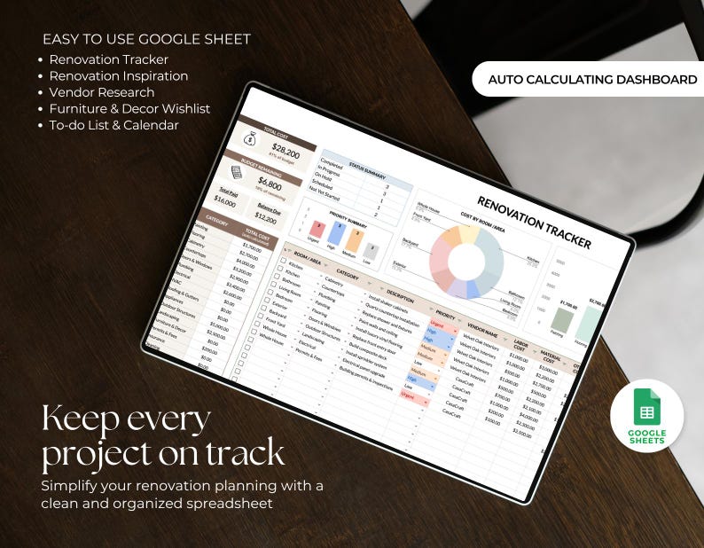 May include: A digital renovation tracker spreadsheet displayed on a screen, featuring an auto-calculating dashboard, a pie chart for cost by room area, a status summary, and a detailed table for tracking categories, descriptions, priority, and vendor costs.