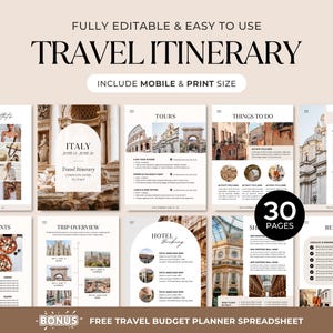 Puede incluir: Un conjunto de plantillas digitales de itinerario de viaje de 30 páginas con secciones para atuendos diarios, tours, restaurantes, resumen del viaje, reservas de hotel y listas de equipaje. Incluye tonos beige y fotografías.