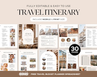 Travel Itinerary Template | Trip Guide | Printable & Mobile Travel Planner | Travel Agent | Bonus Travel Budget Tracker Spreadsheet