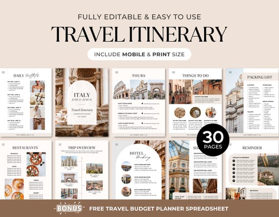 Travel Itinerary Template | Trip Guide | Printable & Mobile Travel Planner | Travel Agent | Bonus Travel Budget Tracker Spreadsheet