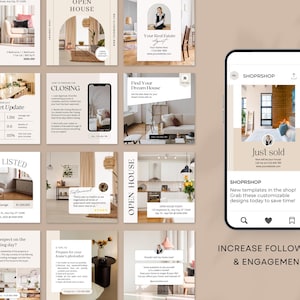 May include: A collection of social media post templates for real estate agents. The templates feature images of homes, text about market updates, closing day tips, and a call to action to increase followers and engagement.