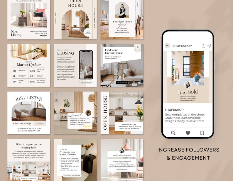May include: A collection of social media post templates for real estate agents. The templates feature images of homes, text about market updates, closing day tips, and a call to action to increase followers and engagement.