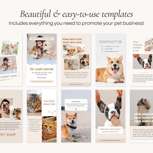 May include: Nine Instagram story templates for a pet shop business. The templates feature images of dogs and cats, and include text such as "Client Love", "Pet Shop Center", "Fun Facts About Cats", "New Arrival", and "Special Discount".