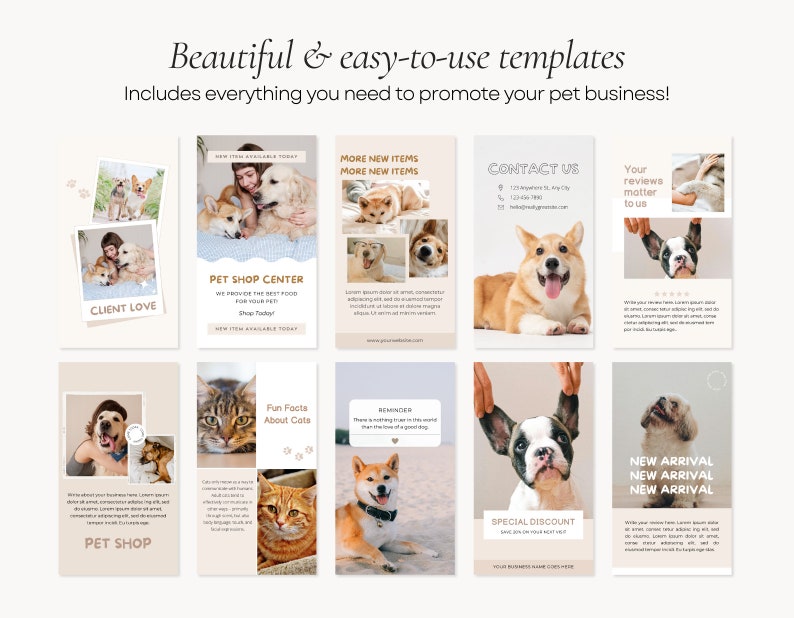 May include: Nine Instagram story templates for a pet shop business. The templates feature images of dogs and cats, and include text such as "Client Love", "Pet Shop Center", "Fun Facts About Cats", "New Arrival", and "Special Discount".