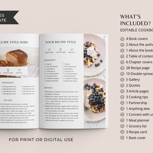 May include: A cookbook template with 75 pages, featuring a recipe for pasta with tomato sauce and a recipe for waffles with blueberries and whipped cream. The template includes 4 book covers, 2 about the author, 1 about the book, 2 table of contents, 6 chapter covers, 28 recipe pages, 10 double spread recipes, 5 galleries, 2 quotes, 3 article pages, 3 cooking tips, 1 partnership, 1 anything else, 1 connect with us, 1 meal planner, 1 grocery list, 3 recipe cards, and 1 back cover.