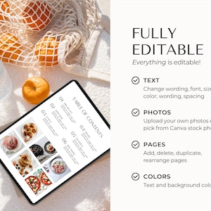 May include: A digital tablet showing a menu design with the words "Table of Contents." Oranges in a mesh bag, a glass, and text that reads "Fully Editable" are also visible in the image.