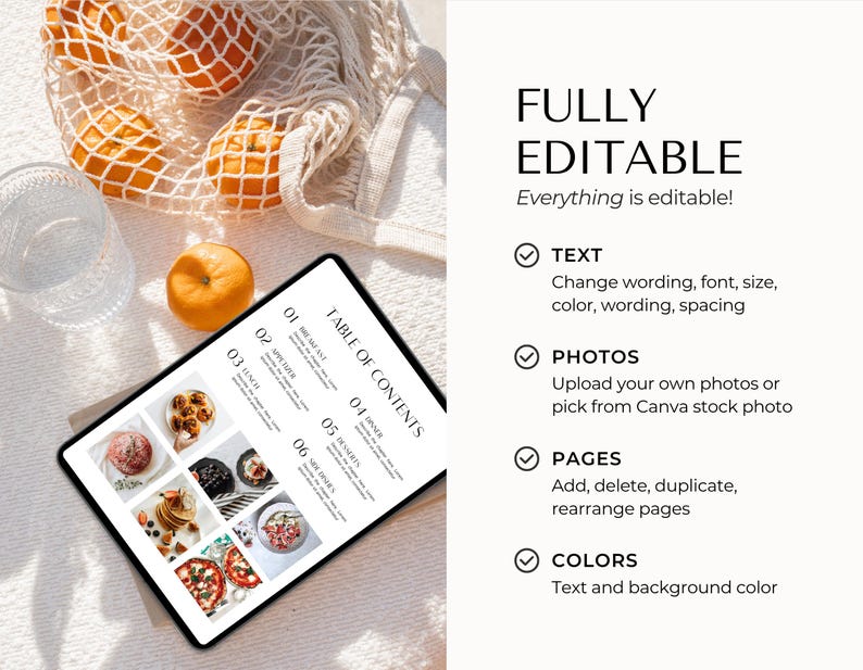 May include: A digital tablet showing a menu design with the words "Table of Contents." Oranges in a mesh bag, a glass, and text that reads "Fully Editable" are also visible in the image.