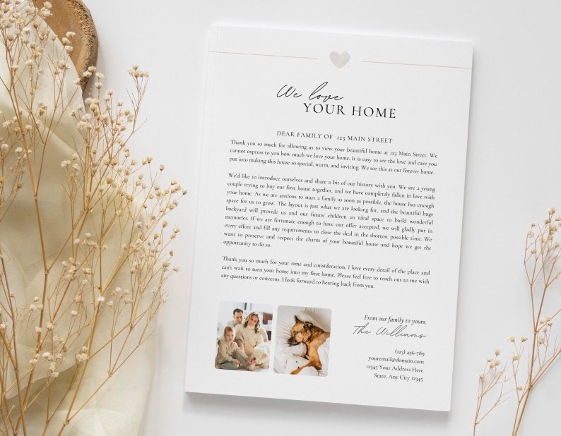 May include: A handwritten letter with a heart graphic at the top, stating "We love your home." The letter is addressed to the family of 123 Main Street and expresses gratitude for purchasing a home. The letter is accompanied by two photos of a family with a dog.