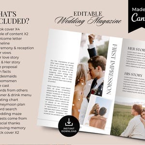 May include: An open wedding magazine template with the text "EDITABLE Wedding Magazine" and "Made in Canva." The magazine includes sections for the couple's story, a timeline, and other wedding details. The magazine has a beige background.