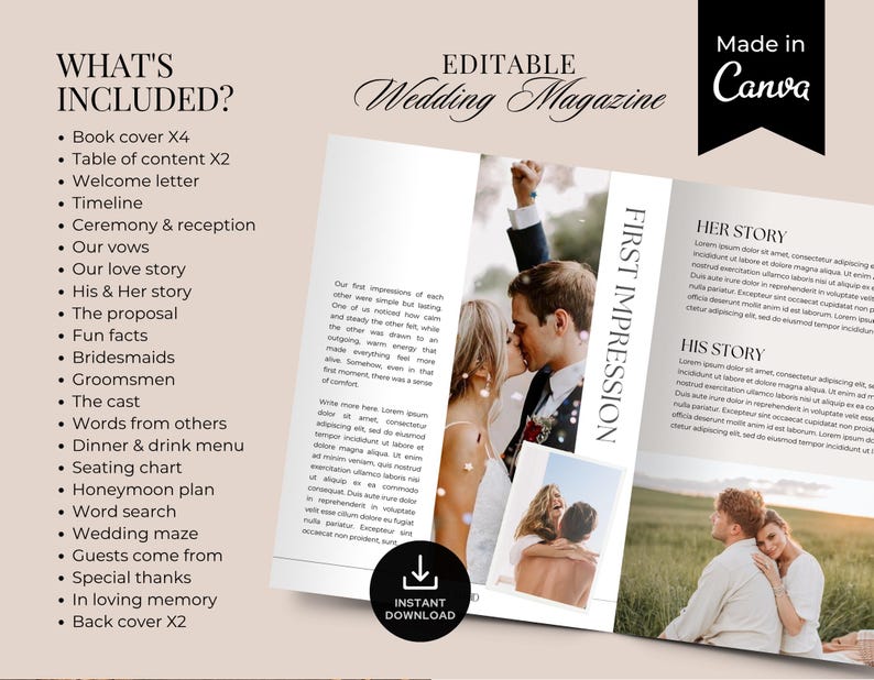 May include: An open wedding magazine template with the text "EDITABLE Wedding Magazine" and "Made in Canva." The magazine includes sections for the couple's story, a timeline, and other wedding details. The magazine has a beige background.
