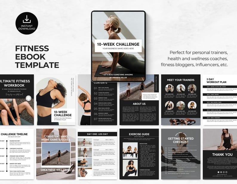 Pu&ograve; includere: Un modello di ebook digitale in bianco e nero per una sfida di fitness di 10 settimane. Il modello include una pagina del titolo, un indice, una sezione su di noi, incontra i tuoi allenatori, un piano di allenamento di 5 giorni, una cronologia delle sfide, un giorno di gambe, una guida agli esercizi, il duro lavoro costante porta al successo, una checklist di avvio e una pagina di ringraziamento.