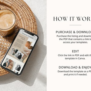 Peut inclure: Un &eacute;cran de t&eacute;l&eacute;phone affichant un mod&egrave;le de photographie avec un fond beige et des images d'un couple. Le texte &agrave; l'&eacute;cran indique "First Look Session". Le t&eacute;l&eacute;phone est sur une surface en osier tress&eacute; avec une tasse de caf&eacute;.