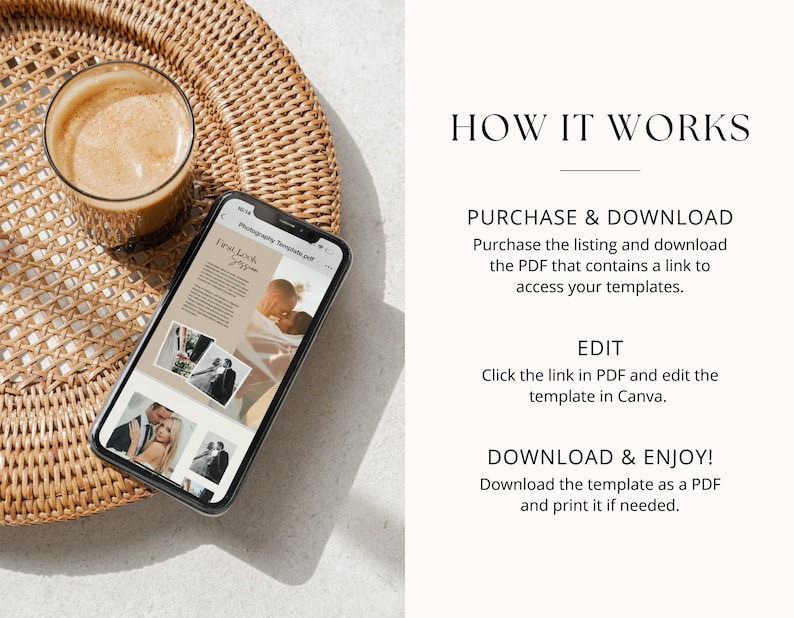 Peut inclure: Un &eacute;cran de t&eacute;l&eacute;phone affichant un mod&egrave;le de photographie avec un fond beige et des images d'un couple. Le texte &agrave; l'&eacute;cran indique "First Look Session". Le t&eacute;l&eacute;phone est sur une surface en osier tress&eacute; avec une tasse de caf&eacute;.