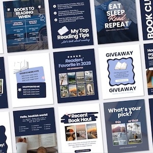 May include: A collection of digital social media templates for book lovers, featuring dark blue backgrounds with white text, graphic elements, and placeholders for book titles and images. The designs include prompts for reading tips, giveaways, and book lists.