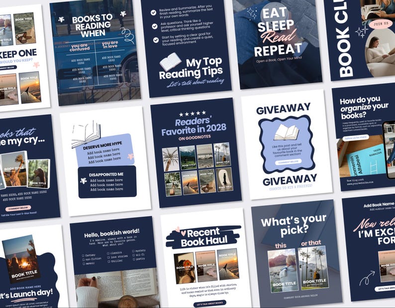 May include: A collection of digital social media templates for book lovers, featuring dark blue backgrounds with white text, graphic elements, and placeholders for book titles and images. The designs include prompts for reading tips, giveaways, and book lists.