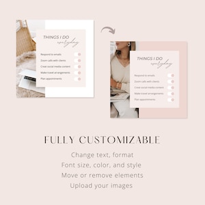 Op de afbeelding: Een roze en witte checklist met de tekst "THINGS I DO everyday" en een lijst met taken, waaronder "Reageer op e-mails", "Zoom-gesprekken met klanten", "Maak social media content", "Maak reisarrangementen" en "Plan afspraken". Elke taak heeft een schakelaar ernaast.