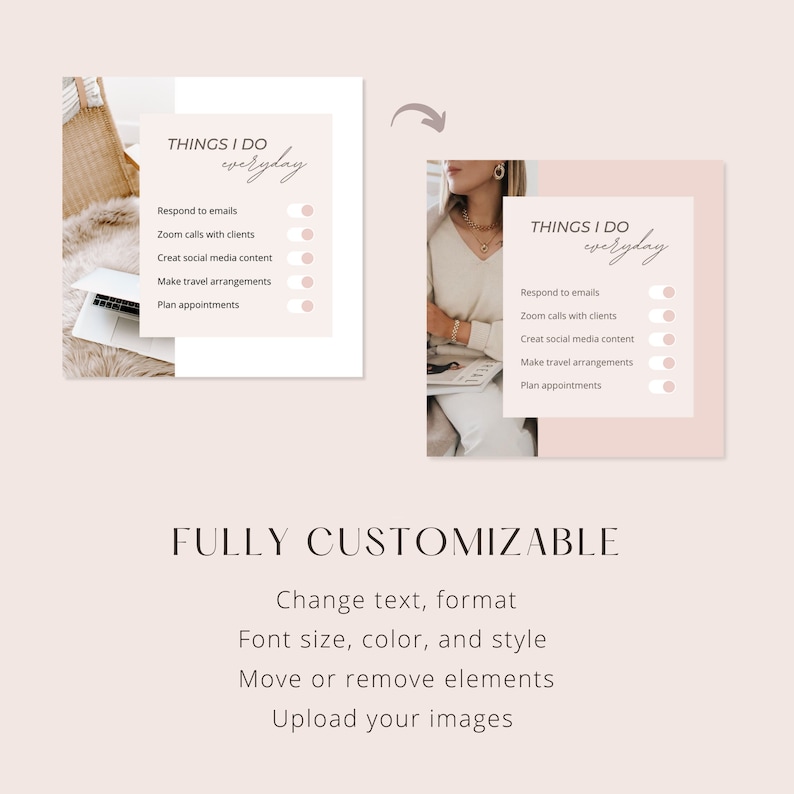 Op de afbeelding: Een roze en witte checklist met de tekst "THINGS I DO everyday" en een lijst met taken, waaronder "Reageer op e-mails", "Zoom-gesprekken met klanten", "Maak social media content", "Maak reisarrangementen" en "Plan afspraken". Elke taak heeft een schakelaar ernaast.