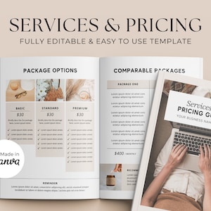 May include: A services and pricing guide template with a beige background. The template includes a section for package options with three pricing tiers: Basic, Standard, and Premium. Each tier has a price of $30. The template also includes a section for comparable packages with a description of a package that costs $400 per month. The template is fully editable and easy to use. The template is made in Canva.