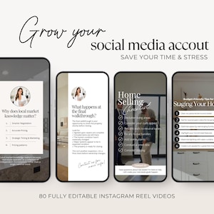 Op de afbeelding: Vier smartphoneschermen met social media-inhoud over onroerend goed. De tekst luidt Grow your social media accout, Save your time & stress en 80 fully editable Instagram reel videos, samen met diverse checklists en tips voor verkopers.