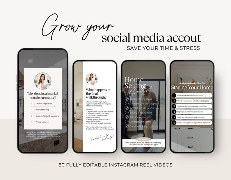 Op de afbeelding: Vier smartphoneschermen met social media-inhoud over onroerend goed. De tekst luidt Grow your social media accout, Save your time & stress en 80 fully editable Instagram reel videos, samen met diverse checklists en tips voor verkopers.