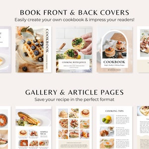 Puede incluir: Una colecci&oacute;n de im&aacute;genes que muestran diferentes plantillas de libros de cocina. Las plantillas presentan varios estilos de fotograf&iacute;a de comida, incluyendo primeros planos de platos, planos generales y fotos de estilo de vida. El texto en las plantillas incluye t&iacute;tulos como "Nuestro libro de cocina familiar", "Cocinar con Joyce" y "Comidas sencillas".