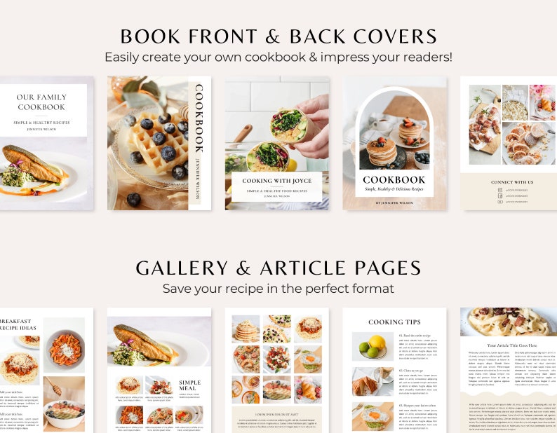 Puede incluir: Una colecci&oacute;n de im&aacute;genes que muestran diferentes plantillas de libros de cocina. Las plantillas presentan varios estilos de fotograf&iacute;a de comida, incluyendo primeros planos de platos, planos generales y fotos de estilo de vida. El texto en las plantillas incluye t&iacute;tulos como "Nuestro libro de cocina familiar", "Cocinar con Joyce" y "Comidas sencillas".