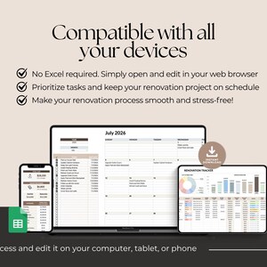 May include: A digital renovation tracker displayed on a laptop, tablet, and smartphone. The screen shows a July 2026 calendar, task lists, and financial charts. Text includes: Compatible with all your devices, No Excel required, and Access and edit it on your computer, tablet, or phone.