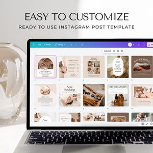 May include: A laptop screen displaying a template for Instagram posts. The template is for a spa or massage business and includes images of hands, massage tools, and text such as "Happy Hour", "Recharge", and "Now Booking".