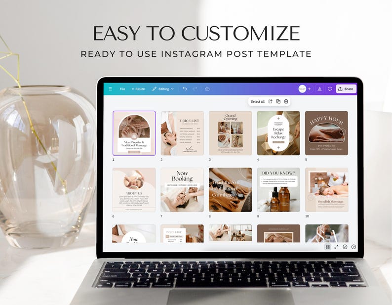 May include: A laptop screen displaying a template for Instagram posts. The template is for a spa or massage business and includes images of hands, massage tools, and text such as "Happy Hour", "Recharge", and "Now Booking".