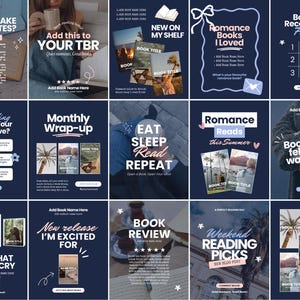 May include: A collection of fifteen dark blue social media templates for book lovers, featuring various layouts with text placeholders, book cover frames, star ratings, and decorative elements like bows, stars, and flowers for reading-related content.