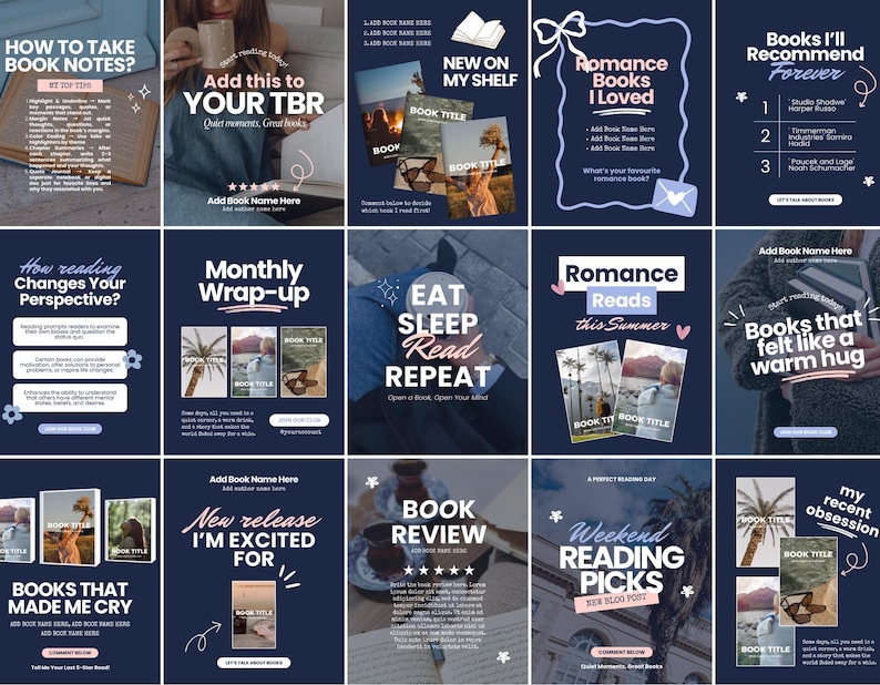 May include: A collection of fifteen dark blue social media templates for book lovers, featuring various layouts with text placeholders, book cover frames, star ratings, and decorative elements like bows, stars, and flowers for reading-related content.