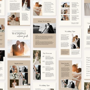 Peut inclure: Un guide de bienvenue pour mariage avec un fond beige et du texte noir. Le guide comprend des informations sur le d&eacute;roulement du mariage, des questions fr&eacute;quemment pos&eacute;es, des conseils pour le mariage et d'autres services. Le guide comprend &eacute;galement plusieurs photos de couples.