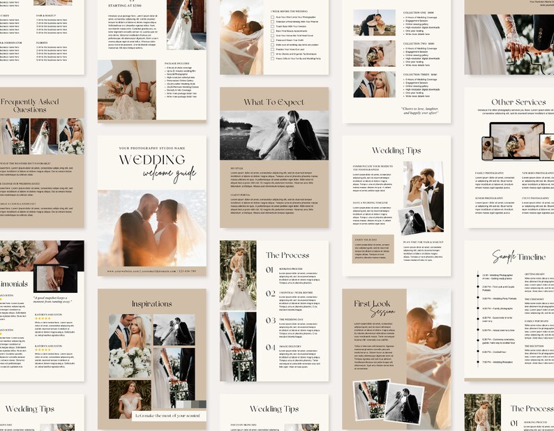 Peut inclure: Un guide de bienvenue pour mariage avec un fond beige et du texte noir. Le guide comprend des informations sur le d&eacute;roulement du mariage, des questions fr&eacute;quemment pos&eacute;es, des conseils pour le mariage et d'autres services. Le guide comprend &eacute;galement plusieurs photos de couples.
