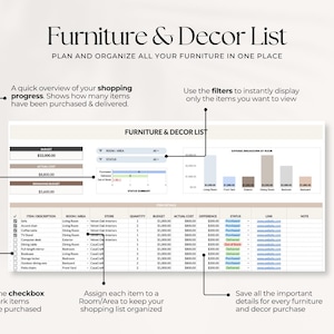 May include: A digital furniture and decor list spreadsheet template featuring a budget summary, status tracking, and a bar chart for expense breakdown by room. The interface includes columns for item description, room, store, quantity, budget, cost, and status.