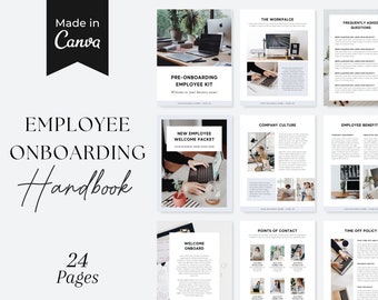 Peut inclure: Un manuel d'intégration des employés de 24 pages avec un fond blanc et du texte noir. Le manuel comprend des sections sur le pré-intégration, le kit de bienvenue pour les nouveaux employés, le lieu de travail, les questions fréquemment posées, la culture d'entreprise, les avantages sociaux, les points de contact et la politique de congés.