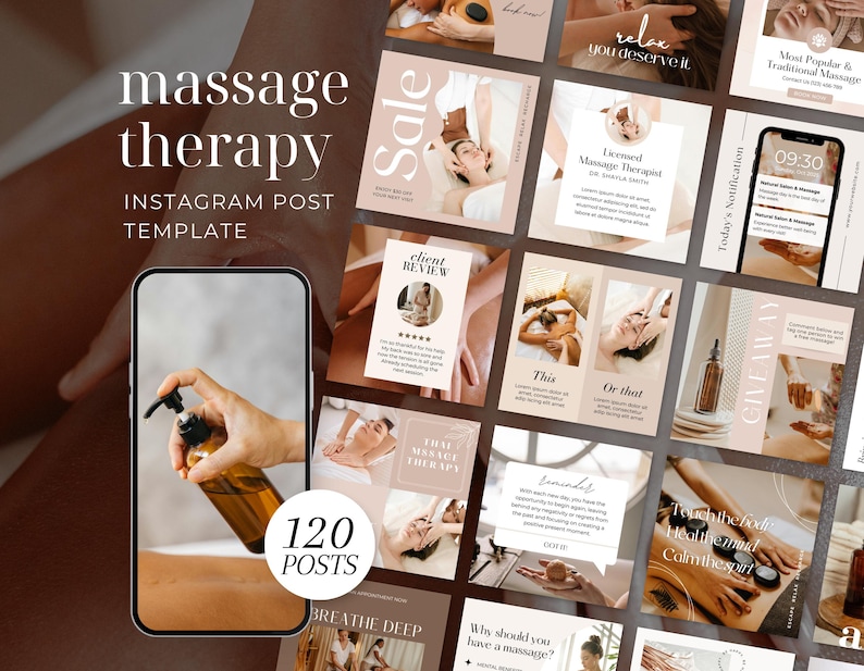 May include: A collage of Instagram post templates for a massage therapy business. The templates feature images of massage therapists, clients, and massage oils. The text on the templates includes phrases like "relax you deserve it", "client review", "breathe deep", and "most popular & traditional massage".