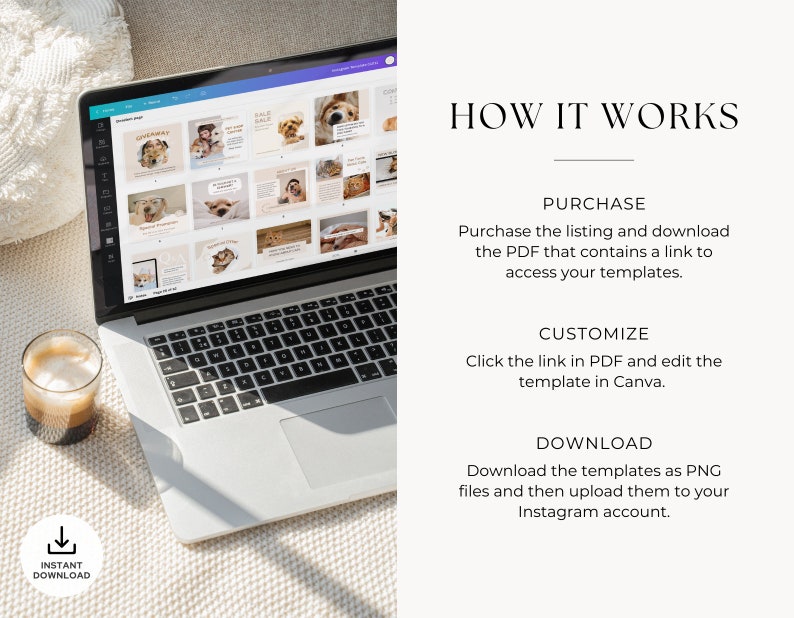 May include: A laptop computer screen displaying a Canva design template for social media posts. The template features a light brown background with a dog image and text. The laptop is on a white surface with a cup of coffee.