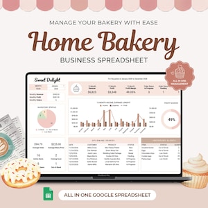 Könnte beinhalten: Eine digitale Geschäftstabelle für eine Hausbäckerei auf einem Laptop-Bildschirm. Die Benutzeroberfläche zeigt Diagramme, Lagerbestände und Auftragsverfolgung. Der Text umfasst "Home Bakery Business Spreadsheet" und "Sweet Delight".