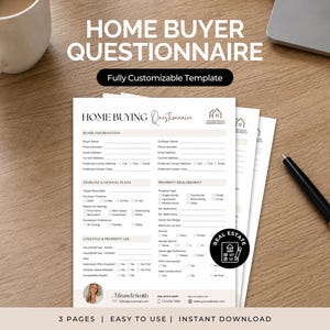 May include: A white paper home buyer questionnaire template with black text, featuring sections for buyer information, timeline, moving plans, property requirements, and lifestyle use. The document includes a small circular logo and contact details.
