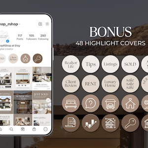May include: A mock-up of an Instagram profile on a smartphone, showcasing a digital creator's branding. The profile includes a logo, follower count, and highlight covers with icons and text like "SOLD" and "Tips". The image also displays the text "BONUS 48 HIGHLIGHT COVERS".
