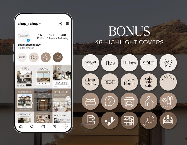 May include: A mock-up of an Instagram profile on a smartphone, showcasing a digital creator's branding. The profile includes a logo, follower count, and highlight covers with icons and text like "SOLD" and "Tips". The image also displays the text "BONUS 48 HIGHLIGHT COVERS".