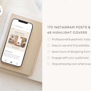 May include: A phone screen displaying a social media post for a shop called "ShopRshop". The post features a photo of a room with a large window and the text "Just Listed". The post also includes a call to action to "Grab these customizable designs today to save time". The phone is sitting on a beige surface.
