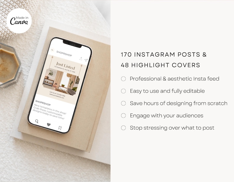 May include: A phone screen displaying a social media post for a shop called "ShopRshop". The post features a photo of a room with a large window and the text "Just Listed". The post also includes a call to action to "Grab these customizable designs today to save time". The phone is sitting on a beige surface.