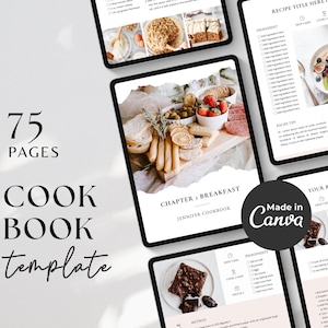 Puede incluir: Una plantilla de libro de cocina digital con 75 páginas, con diseños de recetas y fotografía de alimentos. El diseño incluye el texto "COOK BOOK template" y "Made in Canva". Las páginas del libro de cocina muestran varios platos.